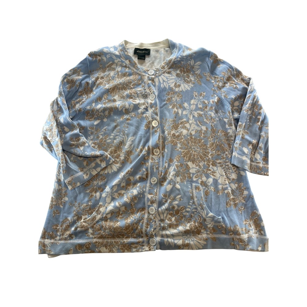Eddie Bauer Womens XXL Blue Floral Cotton Button Front Cardigan 3/4 Sleeve